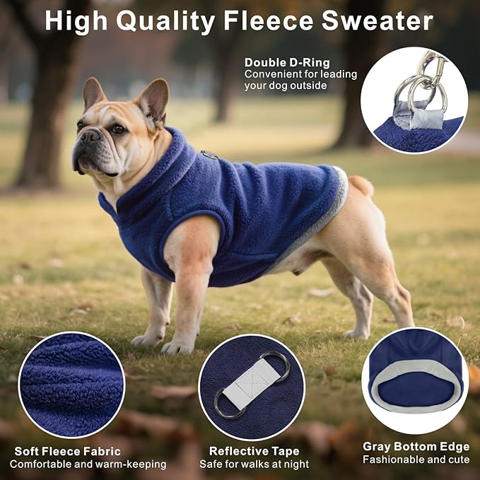 Idepet 2 Pack Dog Fleece Vest Sweater Warm Pullover Jacket with D-Ring Leash Reflective Winter Coat Hoodie for Puppy Cat French Bulldog Pug Chihuahuas Yorkies Dachshunds(Black&Blue,XX-Large)