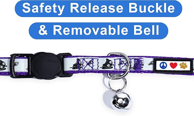 Pawtitas Pet Glow In The Dark Cat Collar with Safety Buckle and Bell Purple Lucky