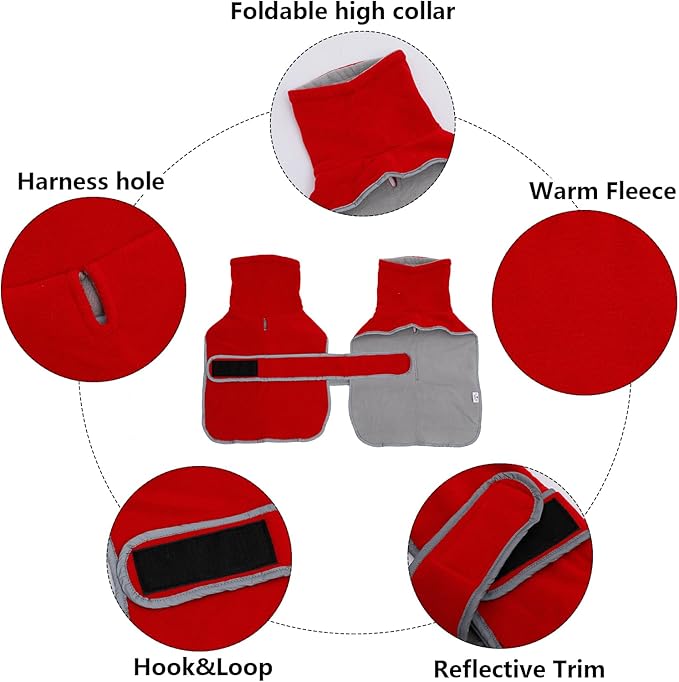 Geyecete Dachshund Sweaters - Dachshund Dog Jacket, Winter Coat with Padded Fleece Lining, High Collar, Snowsuit with Adjustable Bands - Red, XS