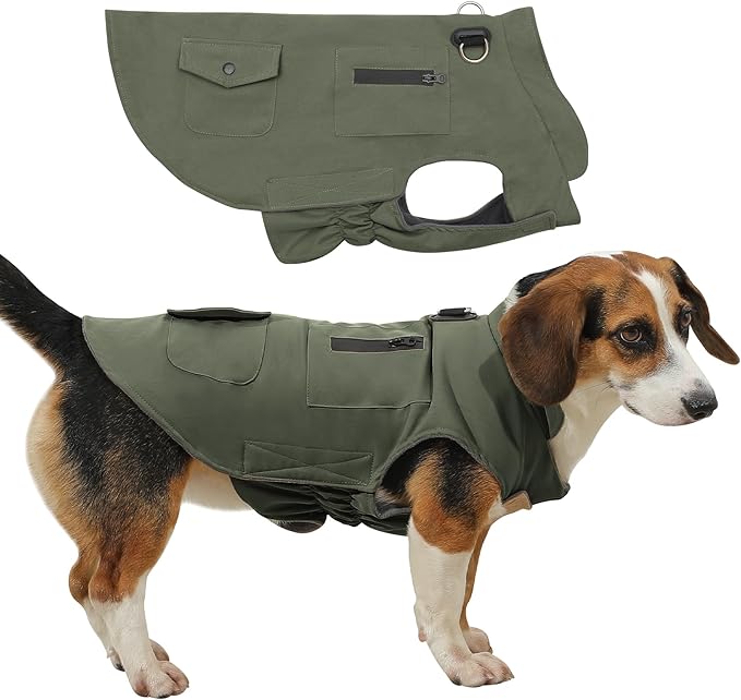 Workwear Style Dog Coats with Harness Built in for Small Dogs Windproof Warm Puppy Jacket with Storage Pockets for Cold Winter,Green L