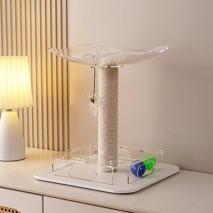 Modern 3-in-1 Interactive Cat Toy with Puzzle Box, Cat Bed/Perch & Scratching Posts, Colorful Jingle Balls, Dangling Accent, Puzzle Toys for Indoor Cats, Acrylic, White