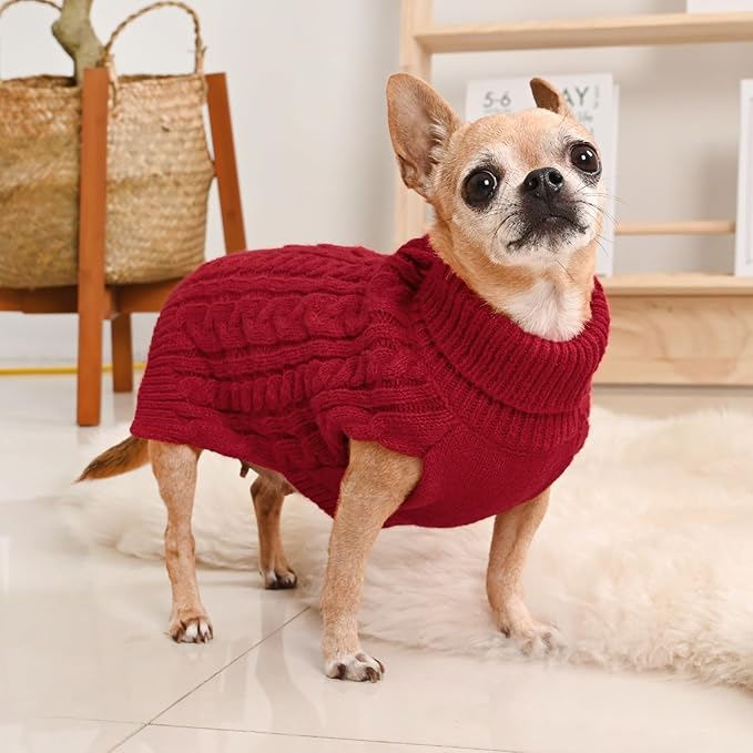 2 Pack Dog Sweaters for Small Dogs Turtleneck Pullover Cable Knit Puppy Stretch Clothes Chihuahua Yorkie Pomeranian Toy Poodle Boy Girl Pets Winter Doggie Clothes (XS, Pink & Red)