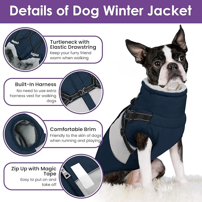 SUNFURA Small Dog Coat with Harness Built in, Warm Dog Jacket Winter with Zipper On Back, Waterproof Pet Snow Jacket Snowsuit Pet Sweater Clothes for Puppy, Blue XS