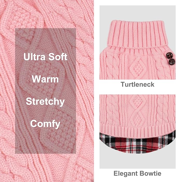 KYEESE Dog Sweater Stretchy Knitwear Cat Clothes with Gingham Patchwork Soft Pullover Dog Sweaters for Medium Dogs Girl Thick Pet Coat for Fall Winter Cold Weather Warm Turtleneck Medium Dogs Sweater