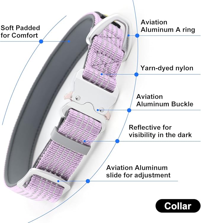 Plutus Pet Reflective Dog Collar with Aviation Aluminum Buckle, Neoprene Padded for Comfort, Lightweight, Heavy Duty Nylon Collar for Puppy Small Medium Large Dogs (Lilac Purple, L)