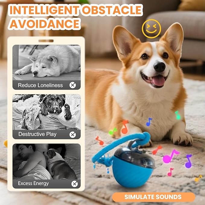 Interactive Dog Toys Ball, 2026 New Smart Pet Puppy Ball with Ropes, Random Path Electric Automatic Moving and Rolling Dogs Toy, for Small Medium Large Dogs Daily Training (Blue+Red)