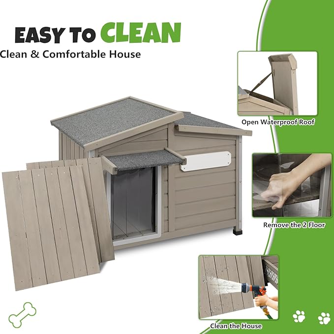 Large Outdoor Wooden Dog House, Weatherproof Dog Houses with Adjustable Vent Windows, Alloy Chew-Resistant Frame, Removable Floor for Medium & Large Dogs, (34" L x 22" W x 25.9" H)