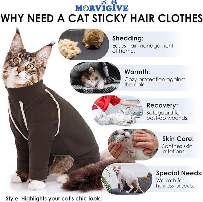 Cat Onesie with Legs - Coffee, XS - Cat Hair Sticky Onesie, Sphynx Cat Clothes, Cat Pajamas for Cats, Recovery Suit for Female Cats, Prevents Hair Loss Kitten Pajamas Costumes Outfits