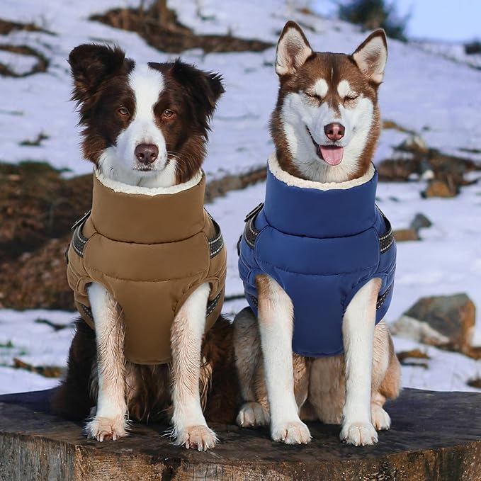 Dog Winter Coat with Harness Built in Warm Puffer Dog Jackets for Small Medium Large Dogs Windproof Waterproof Outfit with Plush Lining and Reflective Stripes (Brown, XL)