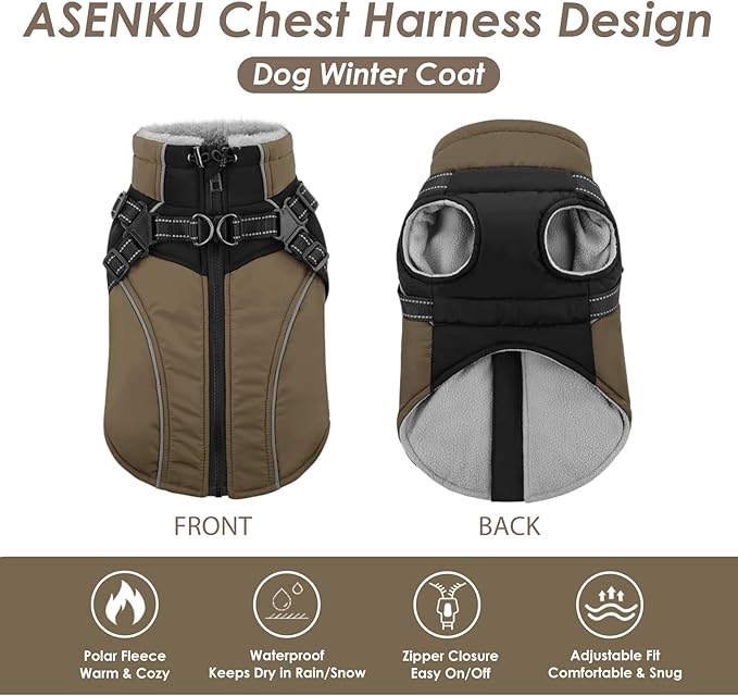 ASENKU Reflective Dog Coat with Built-in Harness, Windproof Fleece-Lined Dog Jacket for Small, Medium, Large Dogs, Warm Winter Vest with Turtleneck & Zipper (Khaki 2XL)