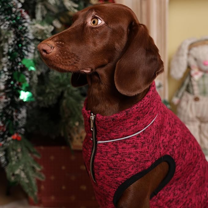 ROZKITCH M Dog Sweater, Knit Jacket with Fleece Lining, Pet Coats for Small Dogs with Zipper Opening for Harness, Fleece Jumpsuit with Adjustable Neck Reflective Pet Jacket Rosered M