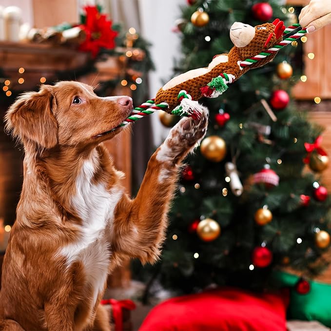 Christmas Squeaky Reindeer Dog Toys-Tug of War Dog Toy for Puppy- Keep Them Busy and Entertained- Interactive Pet Toys for Small & Medium & Large Breeds