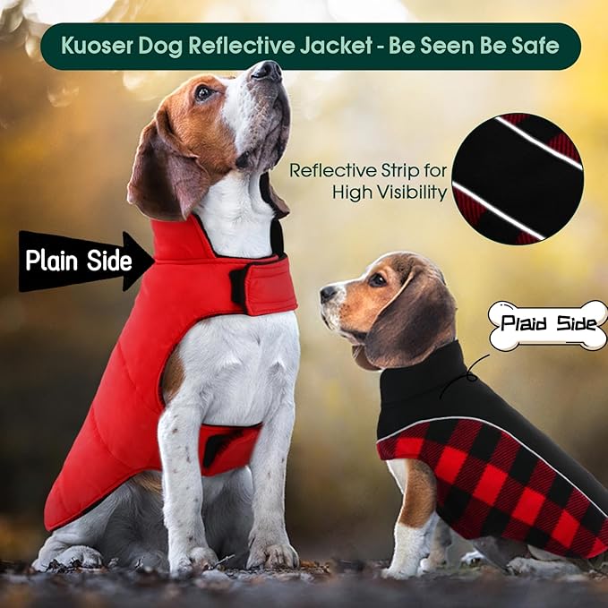 Kuoser Dog Winter Coat, Reversible Waterproof Dog Jacket with Leash Hole, Warm Dogs Fleece Vest Adjustable Doggy Cold Weather Clothes Plaid Christmas Outfit Pet Apparel for Extra Large Dogs, Red 3XL