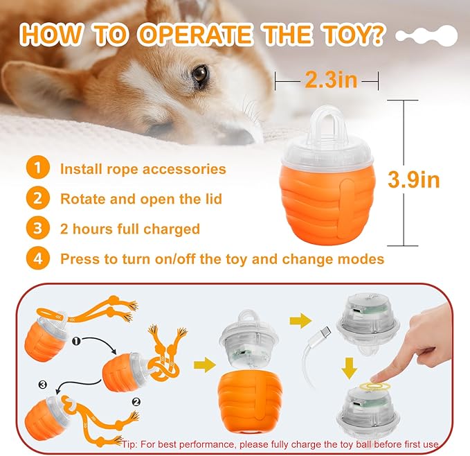 Interactive Dog Toys, [2025 Newly Upgraded] Interactive Dog Ball for Small Dogs, Automatic Moving Dogs Toy Wicked Ball for Boredom & Training, Play Music, USB Rechargeable(Orange)
