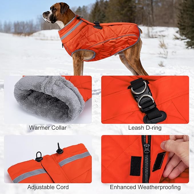 Dog Coat, Warm Dog Winter Coat for Small Dogs, Waterproof Jacket with Harness Built in, Reflective Turtleneck Cold Weather Coats with Zipper,Pet Fleece Vest Snow Jacket, Orange S