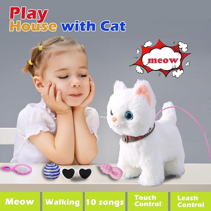White Leash Walking Cat Set Singing That Purrs and Meows Animated Plush Robot Kitten Pet Moving Plush Realistic Stuffed Animal Remote Control Cute Kawai Robotic Kitty Toy for Kid