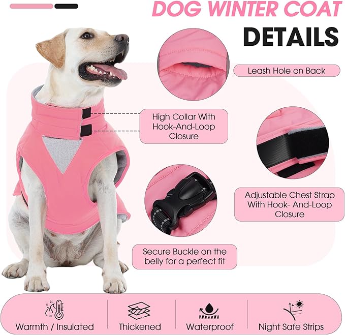 Extra Large Dog Coat, Warm Dog Winter Jacket, Waterproof Dogs Snowsuit with Foldable High Collar, Reflective Strips, Adjustable Hook & Loop Closure - Ideal for Cold Weather - Pink 5XL