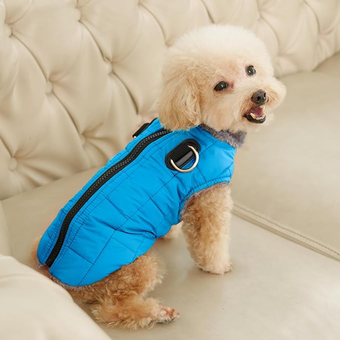 Warm Fleece Dog Coats with Durable Harness Buitl in D-Ring,Waterproof Puppy Jacket for Small Dogs,Dog Vest for Cold Winter,Light Blue XS