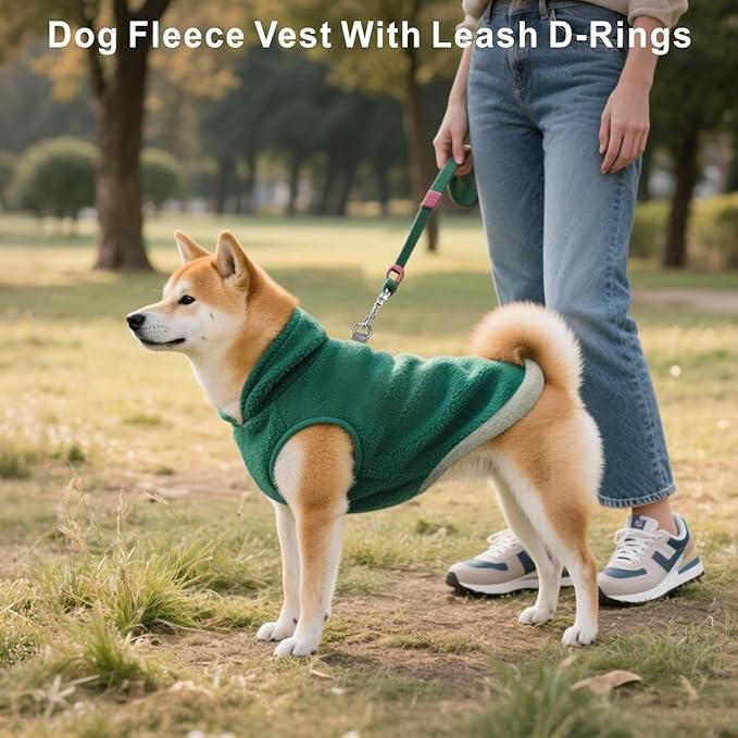 Idepet 2 Pack Dog Fleece Vest Sweater Warm Pullover Jacket with D-Ring Leash Reflective Winter Coat Hoodie for French Bulldog Pug Chihuahuas Yorkies Dachshunds(Dark Green&Grass Green,X-Large)