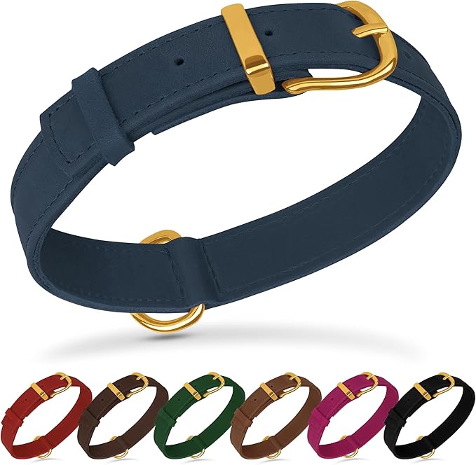 Leather Dog Collar - Heavy Duty Adjustable Soft Padded Pet Collars for Small Medium Large Dogs Breed - Black Green Brown Pink Red Blue (Smoky Blue, M, 12"-15" Neck Fit)