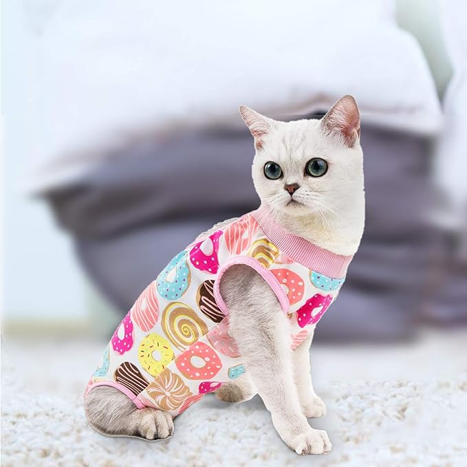 Cat Professional Surgical Recovery Suit,E-Collar Alternative for Cats Dogs,After Surgery Wear, Pajama Suit,Home Indoor Pets Clothing Doughnut L