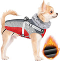 SlowTon Dog Jacket with Harness Built in - Waterproof Fleece Winter Warm Dog Coats for Small Medium Dogs, Reflective Adjustable Furry Puppy Vest Clothes for Outdoor Walking (Red & Black,XS)