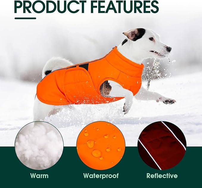 Kuoser Dog Jacket, Winter Dog Coats for Medium Dogs, Reflective Doggie Cold Weather Coats Pet Clothes, Puppy Snow Jacket for Frech Bulldog, Boston Terrier, Orange M