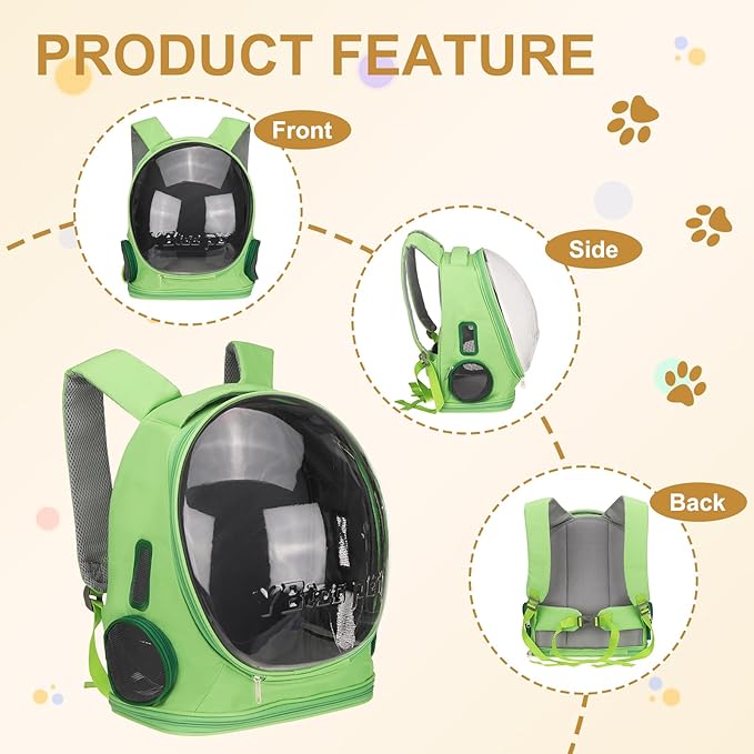 Pet Backpack Carrier, Portable and Ventilated, Oxford Cloth, Dog Cat Travel Bag with Transparent Cover 12.99", (Green, 1 Pcs), Intended for Hiking/Camping/Traveling