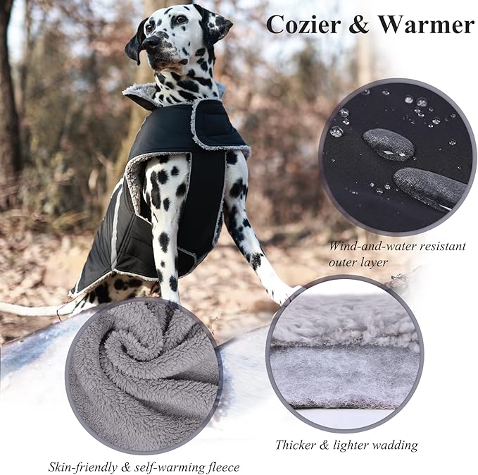 VIVAGLORY Frostfit Dog Coat, Dog Jacket for Winter & Cold Weather, Warm Fluffy Fleece Lined Water Resistant Reflective for Puppy, Coat with Velcro Fastening & Leash Hole, M, Black