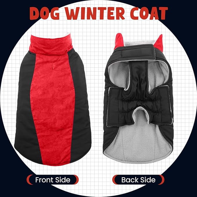 Warm Dog Coat,Waterproof Jacket in Winter Adjustable and Reversible Doggy Fleece Outfit,Thick Clothes with Foldable Collar for Puppy in Cold Days,L Red