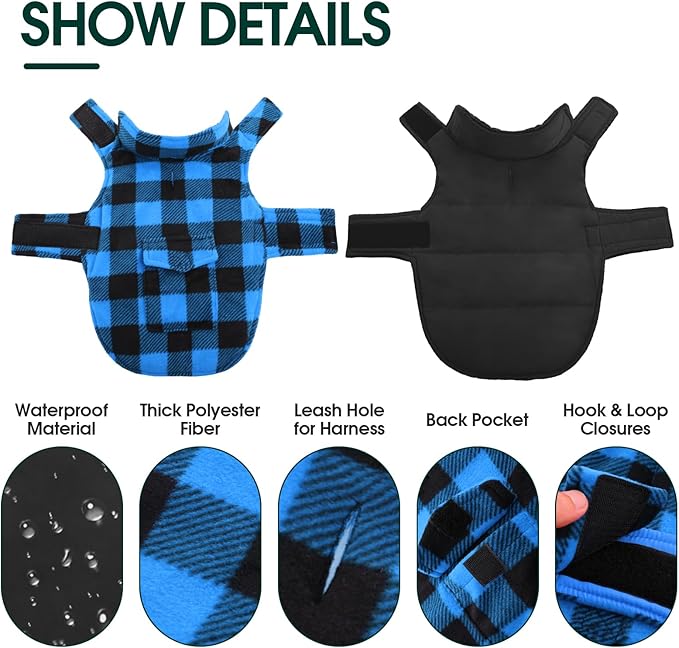 Kuoser Dog Winter Coat, Windproof Dog Fleece Jacket British Style Plaid Cold Weather Doggie Vest Coats, Reversible Cozy Warm Pet Clothes Apparel for Extra Large Size Dogs XXL
