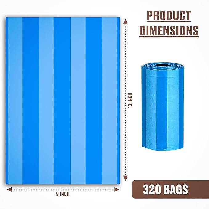 Parisian Pet Ecofriendly Dog Poop Bags Rolls - 320 Count Unscented Poop Bags For Dogs - Leakproof, Extra Thick, 16 Dog Waste Bags Refill Rolls - Stripes Dots Blue Doggie Poop Bags