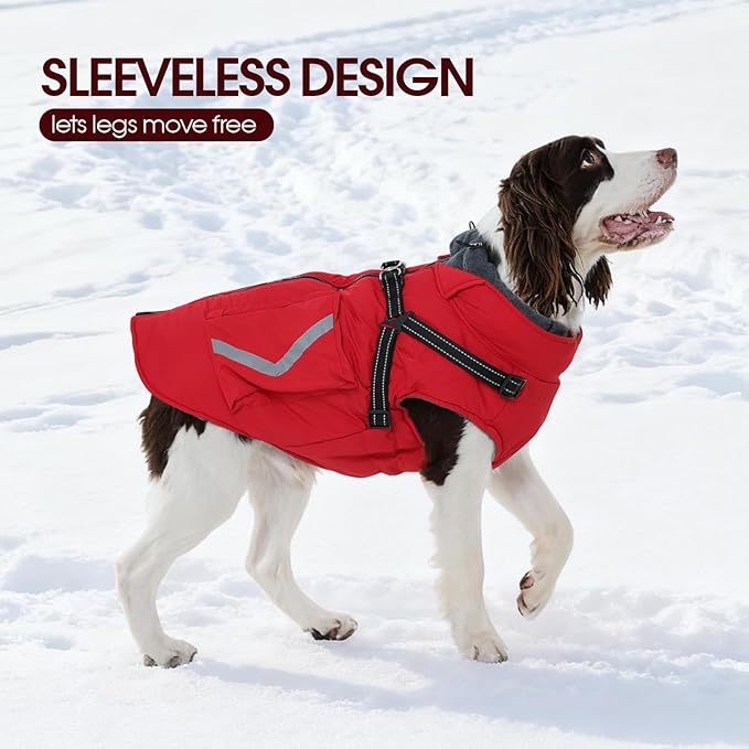 FUAMEY Small Dog Winter Coat with Harness Built in, Fleece Lined Dog Jacket Turtleneck, Pet Vest with Pockets, Back Zipper Puppy Winter Clothes, Doggy Cover for Cold Weather, Shih Tzu (Red, S)