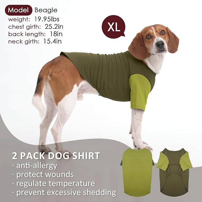 2 Pack Dog Shirt for Medium Dogs - Soft Breathable Summer Cool Tee, Lightweight Comfortable Clothes for Sensitive Skin, Jack Russell, Shihtzu, Indoor Lounging, Walking, Park Play, Green