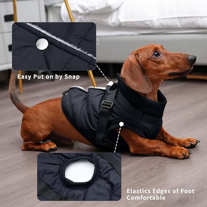 Dog Jacket with Harness,Fleece Lined Warm Puppy Coat for Winter,Soft Windproof Small Dog Vest,Black XS