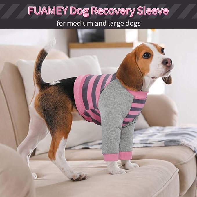 FUAMEY Dog Recovery Sleeve with Elbow Protector,Dogs Shirt Stop Licking Joints,Pet Long Sleeve Suit Protecting Dog's Front Leg Arm Wounds Cover Skin Conditions Pink Stripes XL