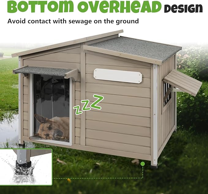Large Outdoor Wooden Dog House, Weatherproof Dog Houses with Adjustable Vent Windows, Alloy Chew-Resistant Frame, Removable Floor for Medium & Large Dogs (43.5" L x 29.5" W x 33.5" H)