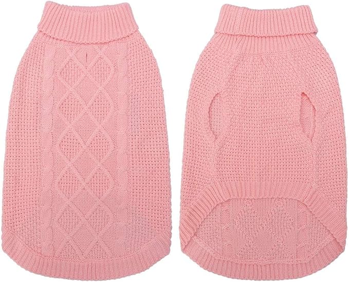 Mihachi Turtleneck Dog Sweater - Winter Coat Apparel Classic Cable Knit Clothes with Leash Hole for Cold Weather, Ideal Gift for Pet in New Year Flesh Pink Large