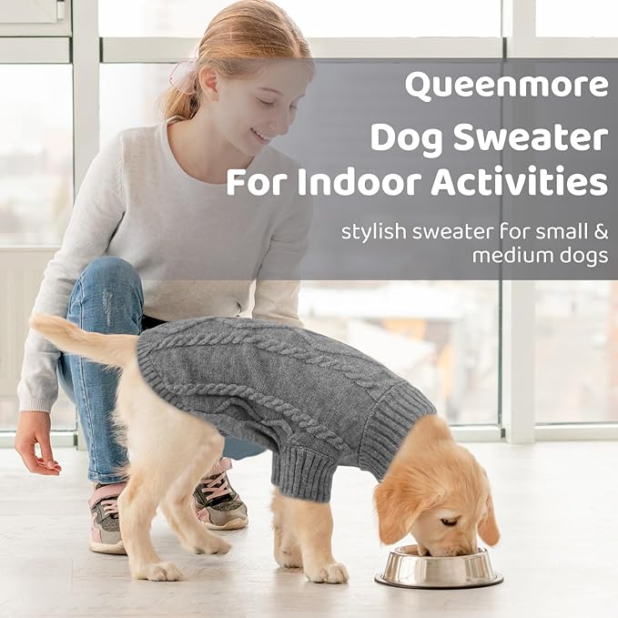 Queenmore Small Dog Pullover Sweater, Cold Weather Cable Knitwear, Classic Turtleneck Thick Warm Clothes for Chihuahua, Bulldog, Dachshund, Pug (Slate Grey, Small)