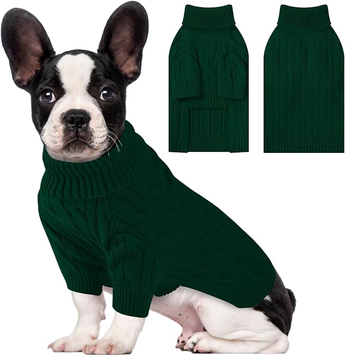 Small Dog Thermal Pullover Sweater, Classic Turtleneck Cable Knitwear Dog Clothes for Cold Weather Warm Pet Clothes for Chihuahua, Bulldog, Dachshund, Pug Green Medium