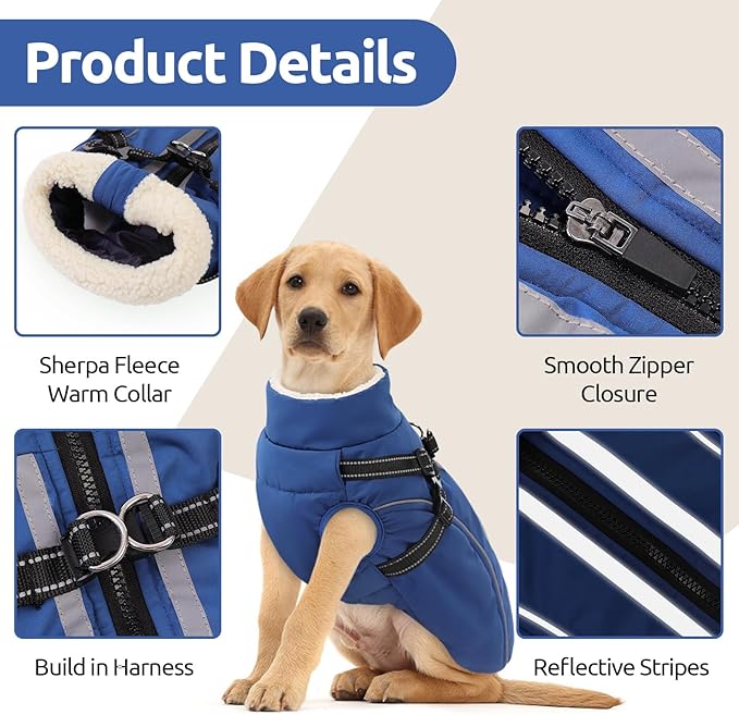 Dog Winter Coat with Harness Built in Warm Puffer Dog Jackets for Small Medium Large Dogs Windproof Waterproof Outfit with Plush Lining and Reflective Stripes (Blue, 2XL)