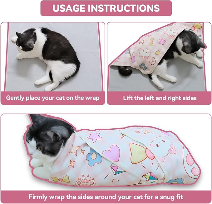 Cat Grooming Wrap for Cutting Nails, 27.6" Anti-Escape Calming Cat Swaddle Wrap for Medicine, Nail Clipping, Teeth Brushing, Ear Cleaning, Self-Adherent Burrito Restraint, (Happy Kitty, L)