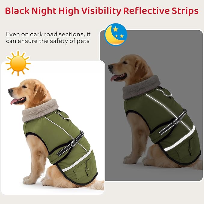Dog Coat, Warm Dog Winter Coat Reflective Jacket Waterproof Fleece Vest, Pet Jacket Cozy for Cold Weather, Dogs Snowsuit Windproof, Adjustable Buckle for Large Dogs