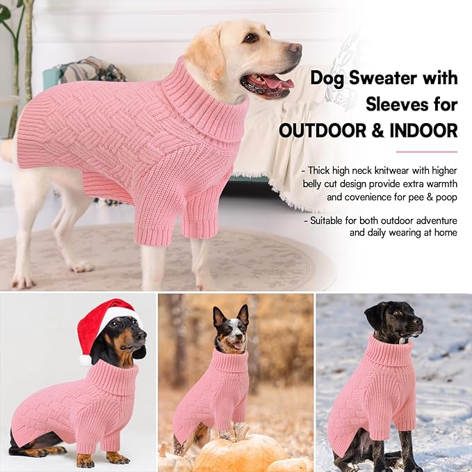 KOESON Large Dog Sweater, Warm Christmas Dog Sweaters for Large Dogs, Cable Knit Sweater for French Bulldog, Pug, Corgi, Boston Terrier, Easy On Xmas Sweaters for Dogs, Pink, L