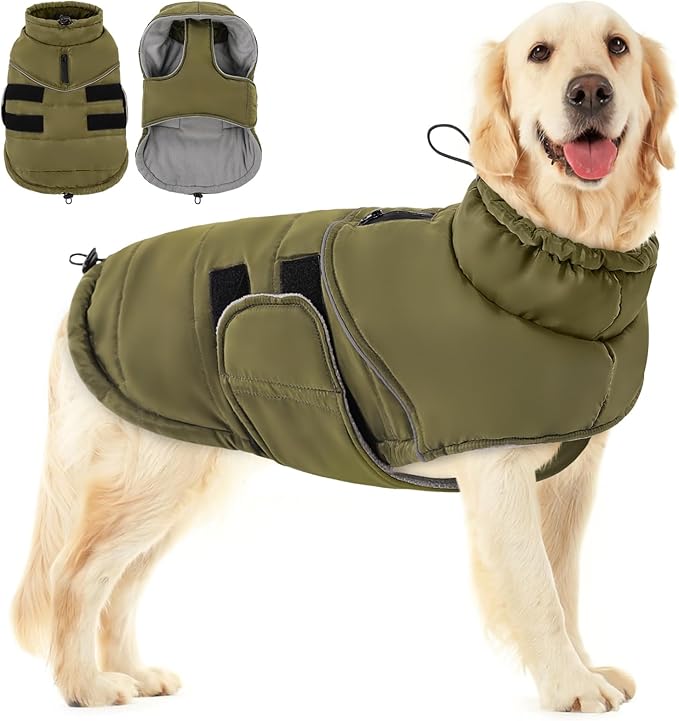 Peferhouse Extra-Large Dog Warm Winter Coat, Windproof Reflective Jacket with Harness Hole, Thick Dog Vest Jacket ArmyGreen XL