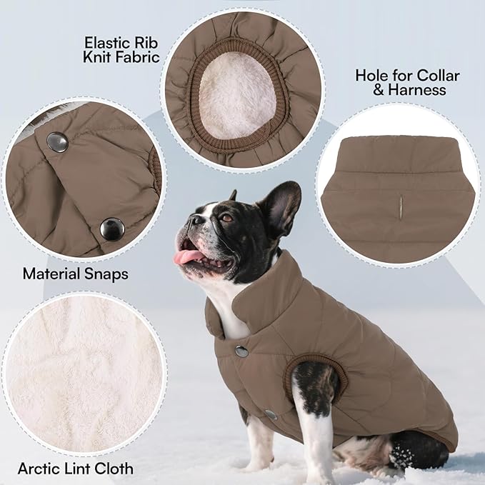 ASENKU Dog Winter Coat - Waterproof Windproof Dog Jacket, Warm Snowproof Doggie Puffer Vest for Cold Weather, Lightweight Snow Coats for Small Medium Large Dogs (XL, Coffee)