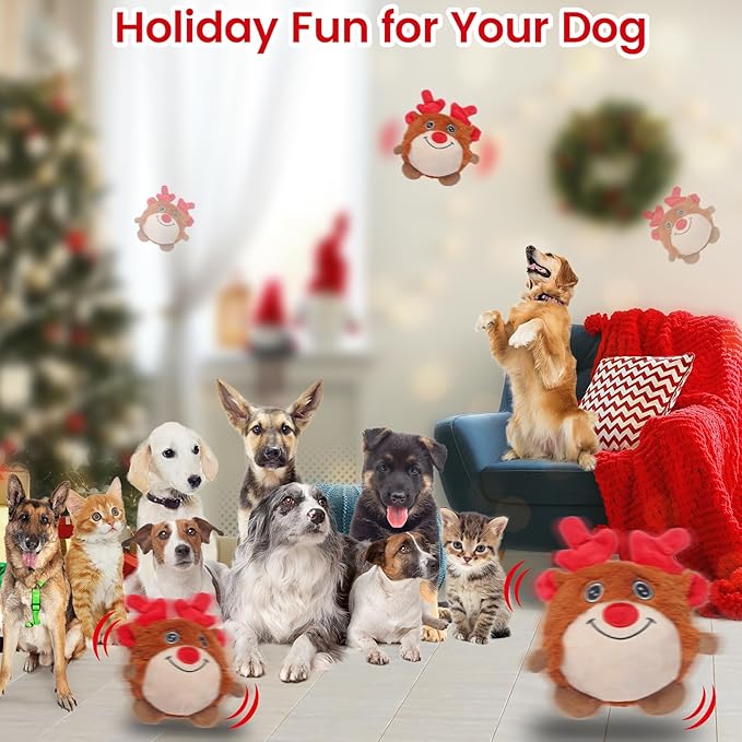 Senneny Christmas Dog Toys, Interactive Dog Toys Reindeer, Random Path Electric Automatic Moving and Rolling Dogs Toy, Motion-Activated Dog Ball with Plush Cover USB Rechargeable