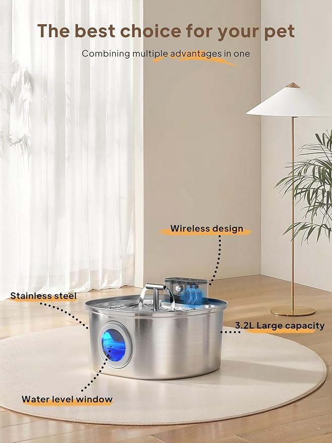 Voluas Cat Water Fountain Stainless Steel: 108oz/3.2L Wireless Cat Fountain Battery Operated for Drinking Indoor, Cordless Automatic Pet Water Dispenser Bowl with Water Level Window, BPA-Free