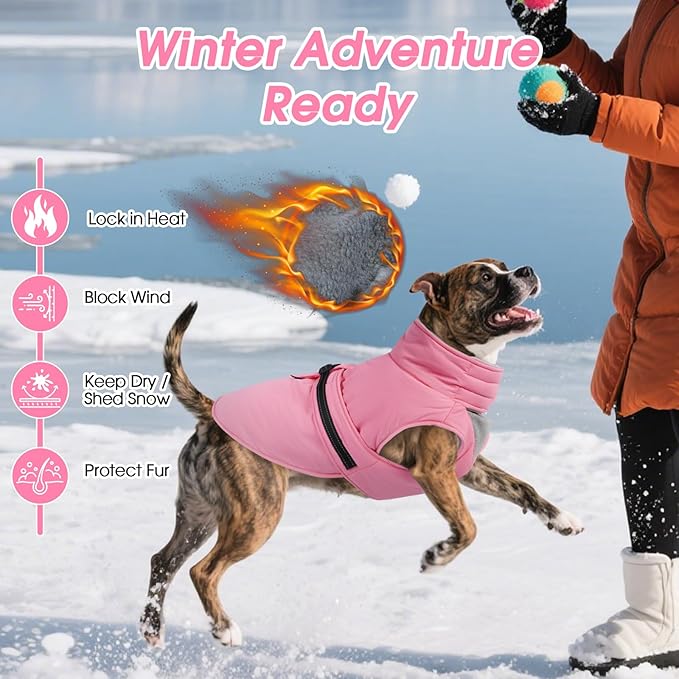 Large Dog Coat, Warm Dog Winter Jacket, Waterproof Dogs Snowsuit with Foldable High Collar, Reflective Strips, Leash Hole, and Adjustable Hook & Loop Closure - Ideal for Cold Weather - Pink L