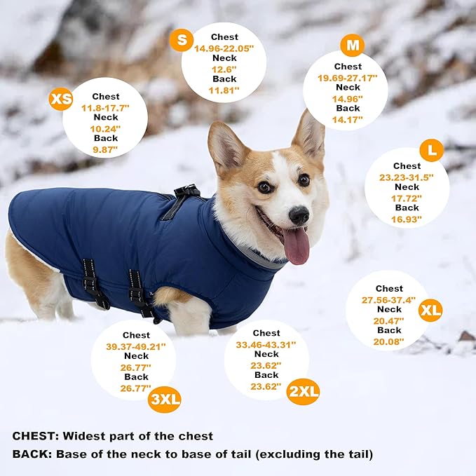 Dog Coat with Harness Built-in, Waterproof Reflective Fleece Lined - Warm Windproof Winter Jacket with Back Zipper, Cold Weather Snow Dog Coats - Blue - L